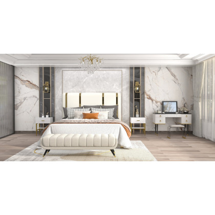 HMR Modern Upholstered Bed Frame with Polished Gold and Faux Leather Headboard - Off-White, Queen Size