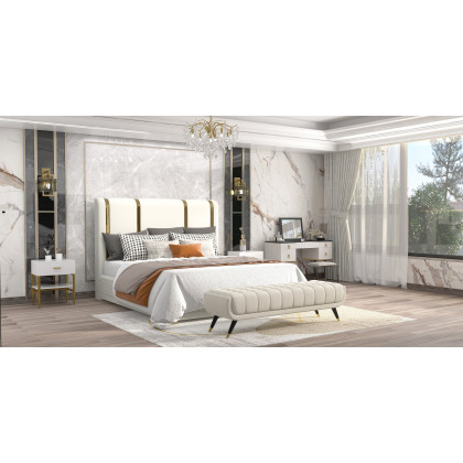 HMR Modern Upholstered Bed Frame with Polished Gold and Faux Leather Headboard - Off-White, Queen Size