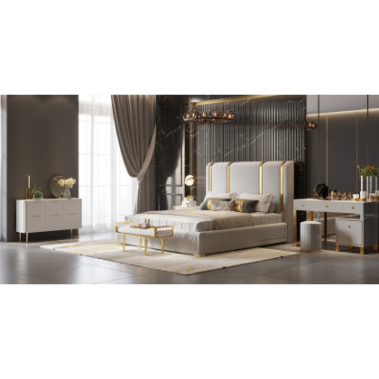 HMR Modern Upholstered Bed Frame with Polished Gold and Faux Leather Headboard - Off-White, Queen Size