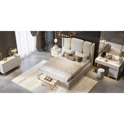 HMR Modern Upholstered Bed Frame with Polished Gold and Faux Leather Headboard - Off-White, Queen Size