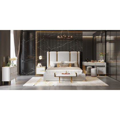 HMR Modern Upholstered Bed Frame with Polished Gold and Faux Leather Headboard - Off-White, Queen Size