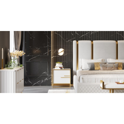 HMR Modern Upholstered Bed Frame with Polished Gold and Faux Leather Headboard - Off-White, Queen Size