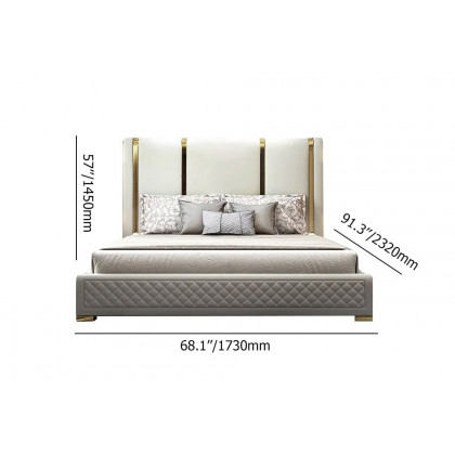 HMR Modern Upholstered Bed Frame with Polished Gold and Faux Leather Headboard - Off-White, Queen Size