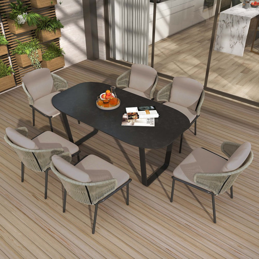 HMR - 7-Pieces Woven Rattan Outdoor Patio Dining Set with Oval Table and 6 Armchairs
