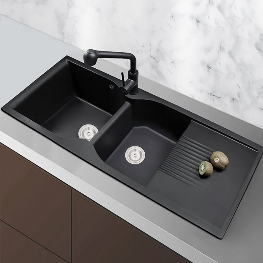 HMR - 45" Black Quartz Kitchen Sink Double Bowl Drop-In Sink with Drain Board