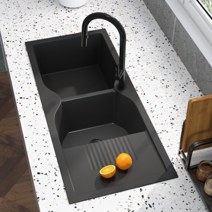 HMR - 45" Black Quartz Kitchen Sink Double Bowl Drop-In Sink with Drain Board