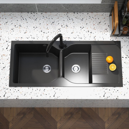 HMR - 45" Black Quartz Kitchen Sink Double Bowl Drop-In Sink with Drain Board