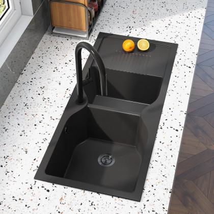 HMR - 45" Black Quartz Kitchen Sink Double Bowl Drop-In Sink with Drain Board