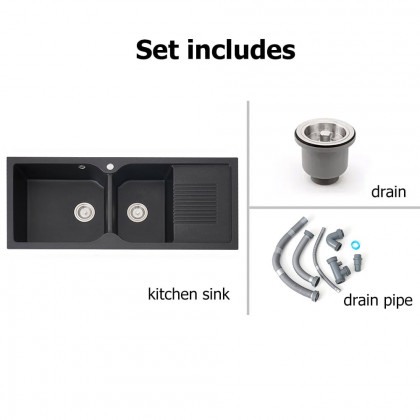 HMR - 45" Black Quartz Kitchen Sink Double Bowl Drop-In Sink with Drain Board