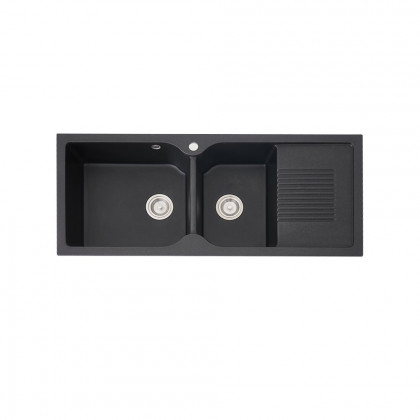 HMR - 45" Black Quartz Kitchen Sink Double Bowl Drop-In Sink with Drain Board