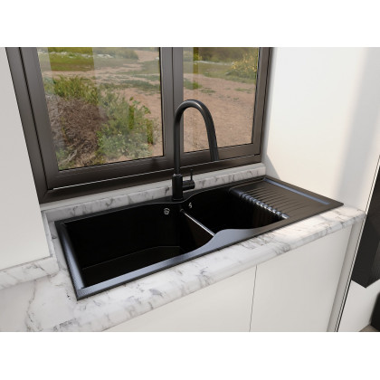 HMR - 45" Black Quartz Kitchen Sink Double Bowl Drop-In Sink with Drain Board
