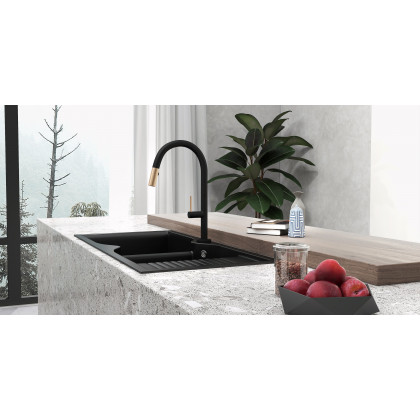 HMR - 45" Black Quartz Kitchen Sink Double Bowl Drop-In Sink with Drain Board