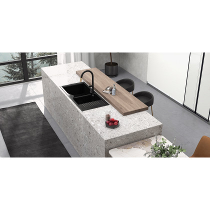 HMR - 45" Black Quartz Kitchen Sink Double Bowl Drop-In Sink with Drain Board