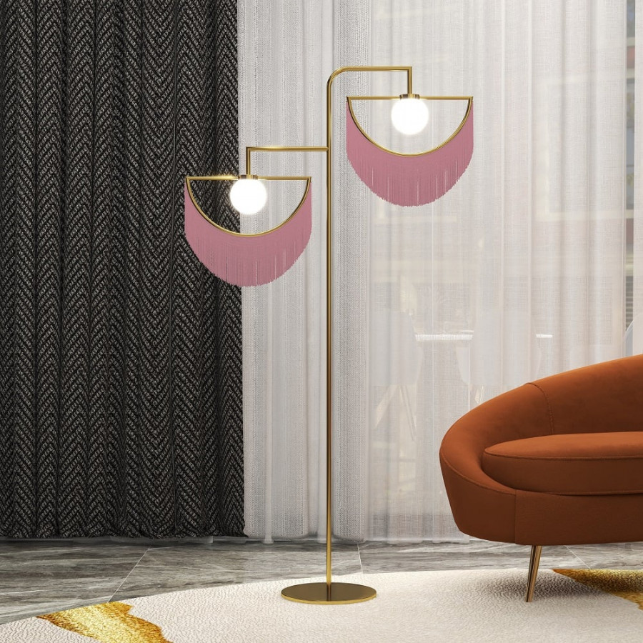 HMR - Boho 2-Light Floor Lamp with Pink Fringes Macrame and Gold Tones