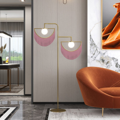 HMR - Boho 2-Light Floor Lamp with Pink Fringes Macrame and Gold Tones