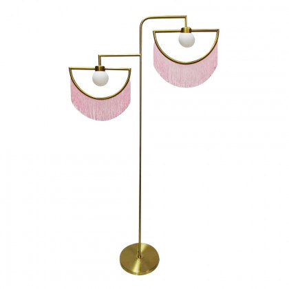 HMR - Boho 2-Light Floor Lamp with Pink Fringes Macrame and Gold Tones