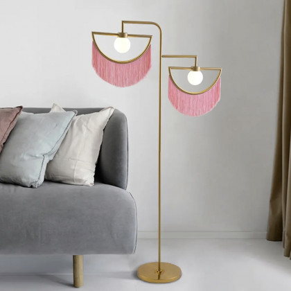 HMR - Boho 2-Light Floor Lamp with Pink Fringes Macrame and Gold Tones
