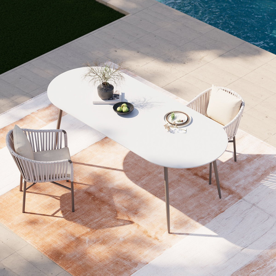 HMR - 6-Person Oval Faux Marble Top Outdoor Patio Dinning Table in White (70.9" Width)