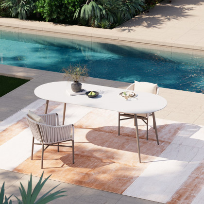 HMR - 6-Person Oval Faux Marble Top Outdoor Patio Dinning Table in White (70.9" Width)