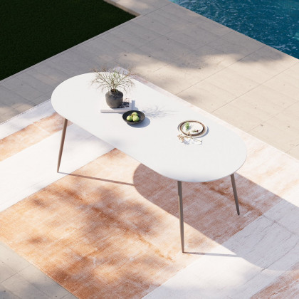 HMR - 6-Person Oval Faux Marble Top Outdoor Patio Dinning Table in White (70.9" Width)