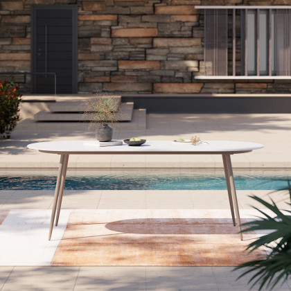 HMR - 6-Person Oval Faux Marble Top Outdoor Patio Dinning Table in White (70.9" Width)