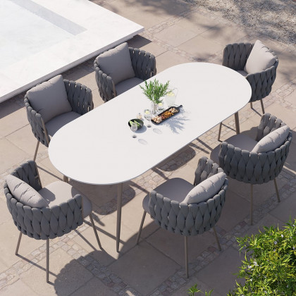 HMR - 6-Person Oval Faux Marble Top Outdoor Patio Dinning Table in White (70.9" Width)