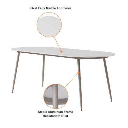HMR - 6-Person Oval Faux Marble Top Outdoor Patio Dinning Table in White (70.9" Width)