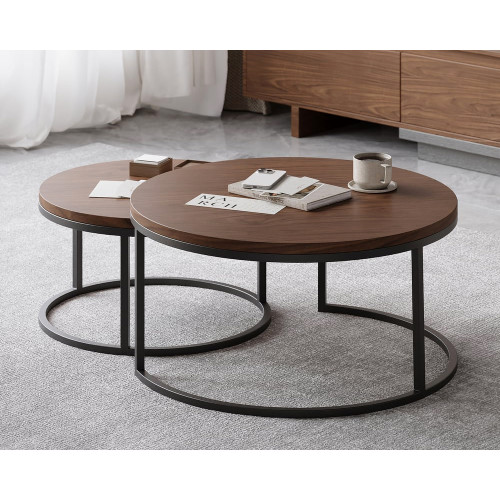 HMR Fero Round Nesting Coffee Table Set (24"-32") - Walnut/Black, MDF