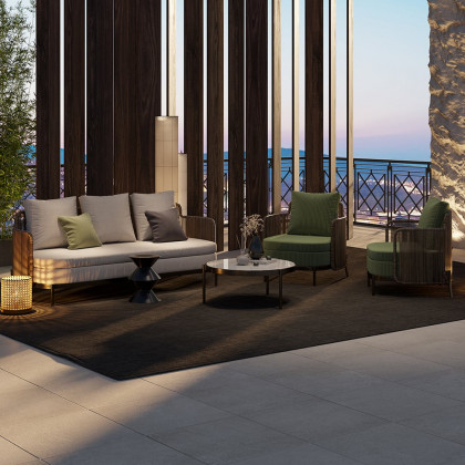 HMR - 4-Pieces Aluminum & Rattan Outdoor Sofa Set with Faux Marble Top Coffee Table Cushion Pillow
