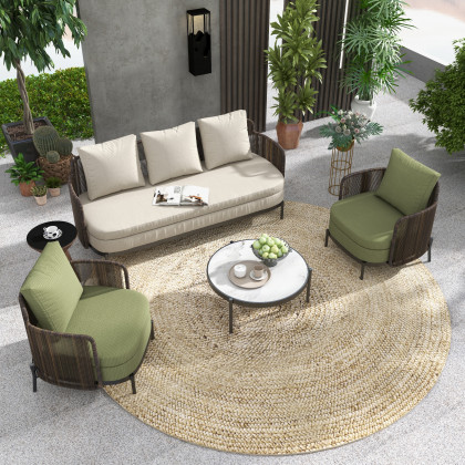 HMR - 4-Pieces Aluminum & Rattan Outdoor Sofa Set with Faux Marble Top Coffee Table Cushion Pillow