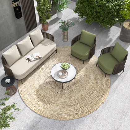 HMR - 4-Pieces Aluminum & Rattan Outdoor Sofa Set with Faux Marble Top Coffee Table Cushion Pillow