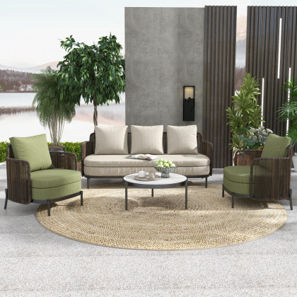 HMR - 4-Pieces Aluminum & Rattan Outdoor Sofa Set with Faux Marble Top Coffee Table Cushion Pillow