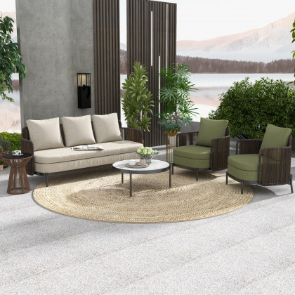 HMR - 4-Pieces Aluminum & Rattan Outdoor Sofa Set with Faux Marble Top Coffee Table Cushion Pillow