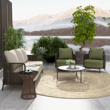 HMR - 4-Pieces Aluminum & Rattan Outdoor Sofa Set with Faux Marble Top Coffee Table Cushion Pillow