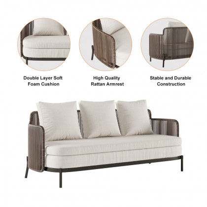 HMR - 4-Pieces Aluminum & Rattan Outdoor Sofa Set with Faux Marble Top Coffee Table Cushion Pillow