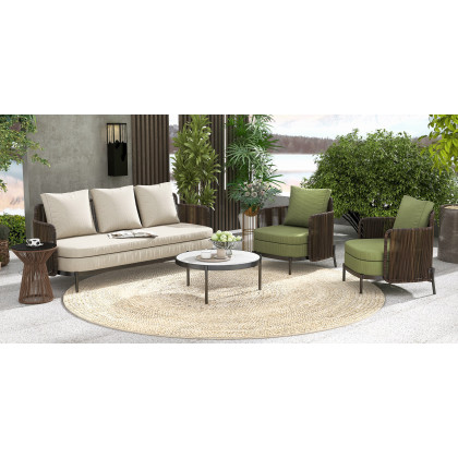HMR - 4-Pieces Aluminum & Rattan Outdoor Sofa Set with Faux Marble Top Coffee Table Cushion Pillow