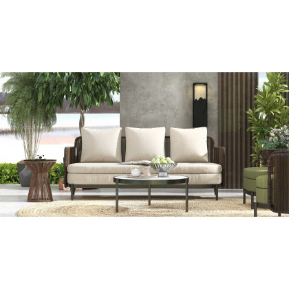 HMR - 4-Pieces Aluminum & Rattan Outdoor Sofa Set with Faux Marble Top Coffee Table Cushion Pillow