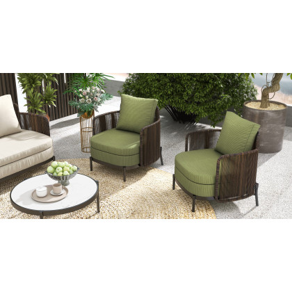 HMR - 4-Pieces Aluminum & Rattan Outdoor Sofa Set with Faux Marble Top Coffee Table Cushion Pillow