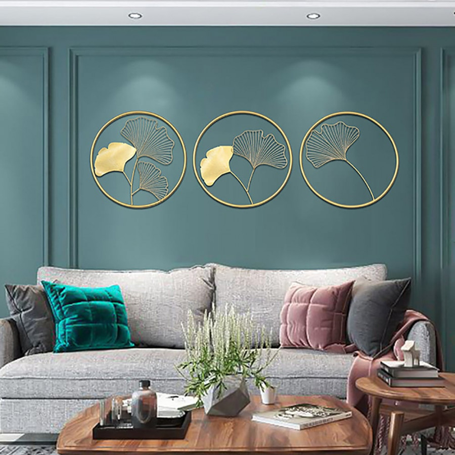 HMR - 3 Pieces Metal Wall Decor with Ginkgo Leaves in Gold