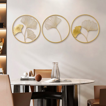 HMR - 3 Pieces Metal Wall Decor with Ginkgo Leaves in Gold