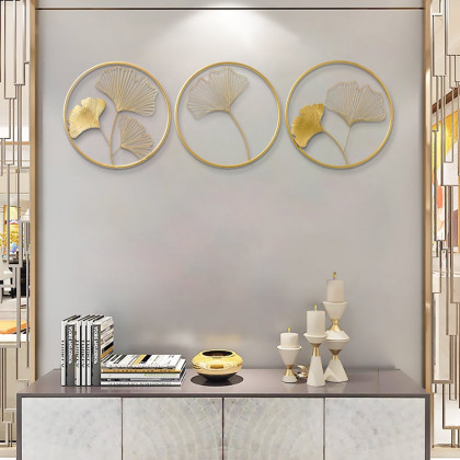 HMR - 3 Pieces Metal Wall Decor with Ginkgo Leaves in Gold