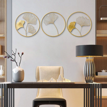 HMR - 3 Pieces Metal Wall Decor with Ginkgo Leaves in Gold