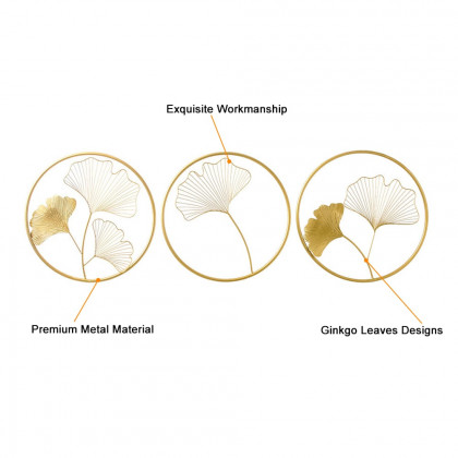 HMR - 3 Pieces Metal Wall Decor with Ginkgo Leaves in Gold