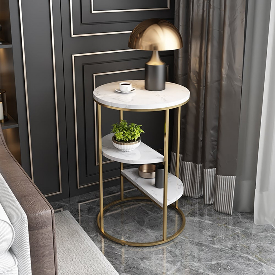 HMR - 3-Tiered End Table with Shelf Marble Top and Metal Frame in White and Gold