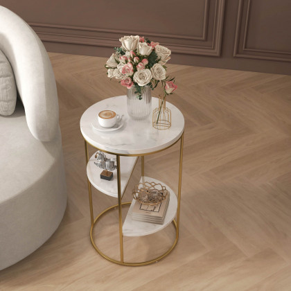 HMR - 3-Tiered End Table with Shelf Marble Top and Metal Frame in White and Gold