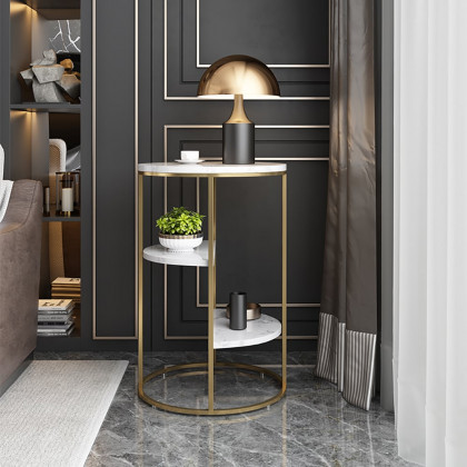 HMR - 3-Tiered End Table with Shelf Marble Top and Metal Frame in White and Gold