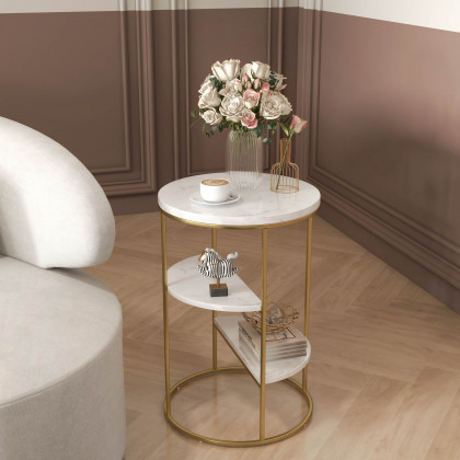 HMR - 3-Tiered End Table with Shelf Marble Top and Metal Frame in White and Gold