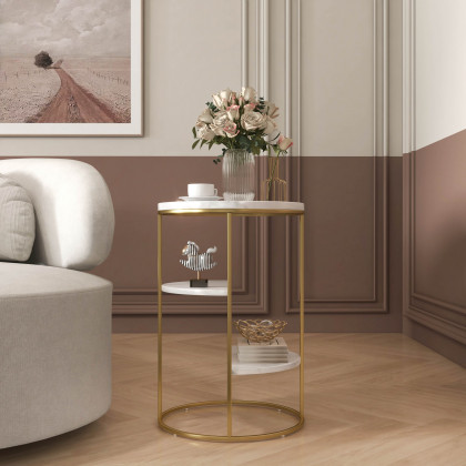 HMR - 3-Tiered End Table with Shelf Marble Top and Metal Frame in White and Gold