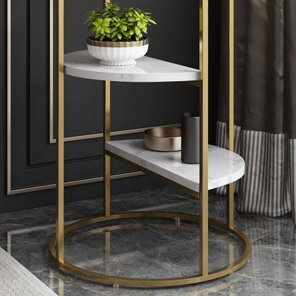 HMR - 3-Tiered End Table with Shelf Marble Top and Metal Frame in White and Gold