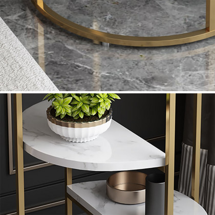 HMR - 3-Tiered End Table with Shelf Marble Top and Metal Frame in White and Gold